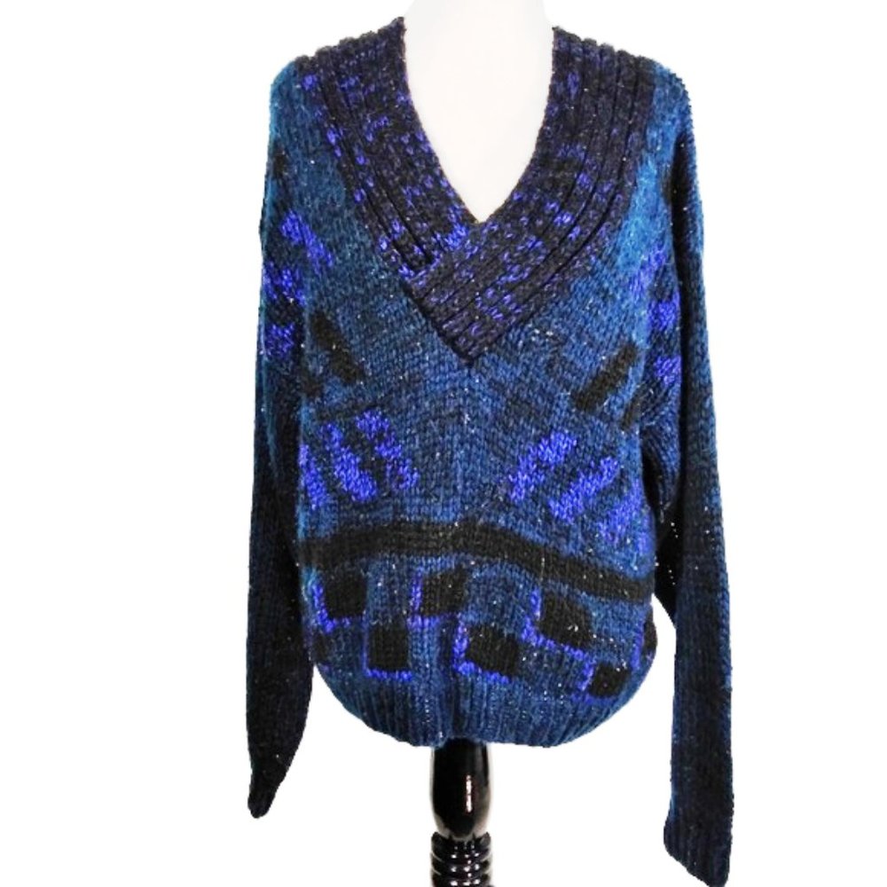 Women blue V-Neck Knit Sweater Size M